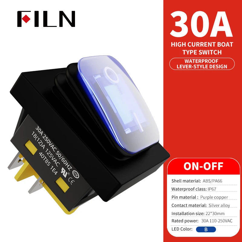 FILN 30A/220V Heavy Duty 4 Pin DPST IP67 Sealed Waterproof T85 Auto Boat Marine Toggle Rocker Switch with LED 12V 220V 30x22