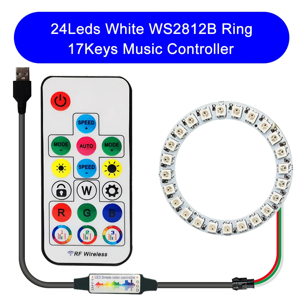 DC5V WS2812B DIY LED Ring 8 to 241 Pixels 5050 RGB Individually Addressable WS2812 Round Modules With 17Keys Music RF Controller