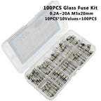 100PCS Fast Blown Glass Fuse Combination Kit M5x20mm 250V Multiple Amp Ratings 0.1A-20A Clear Plastic Storage Box