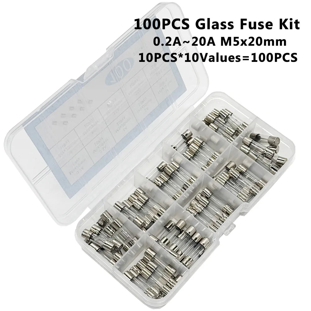 100PCS Fast Blown Glass Fuse Combination Kit M5x20mm 250V Multiple Amp Ratings 0.1A-20A Clear Plastic Storage Box