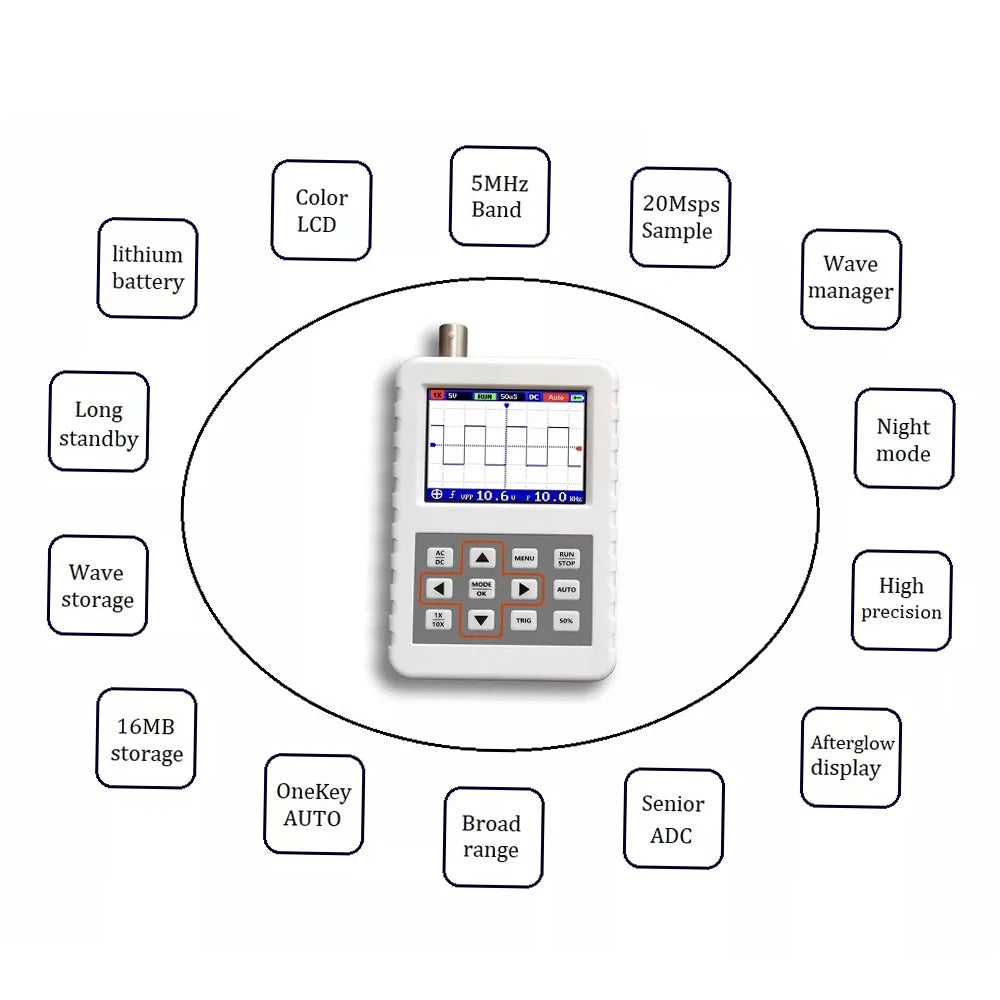 DSO PRO Handheld Digital Oscilloscope Portable Palm Size Oscillograph 5M Bandwidth 20MS/s Sampling Rate with P6100 BNC Probe