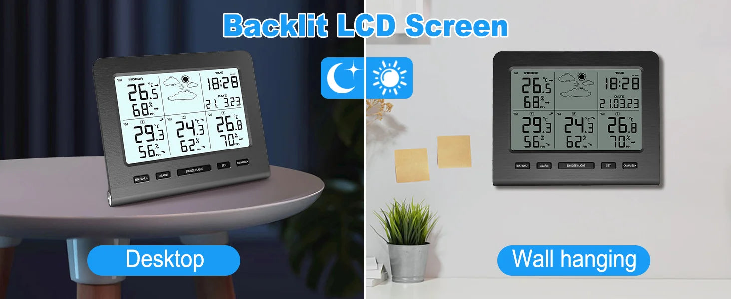 3 Sensors Weather Station with 100m Wireless Transmission Backlight LCD Alarm Clock  for Indoor/Outdoor Temp Humidity Monitor