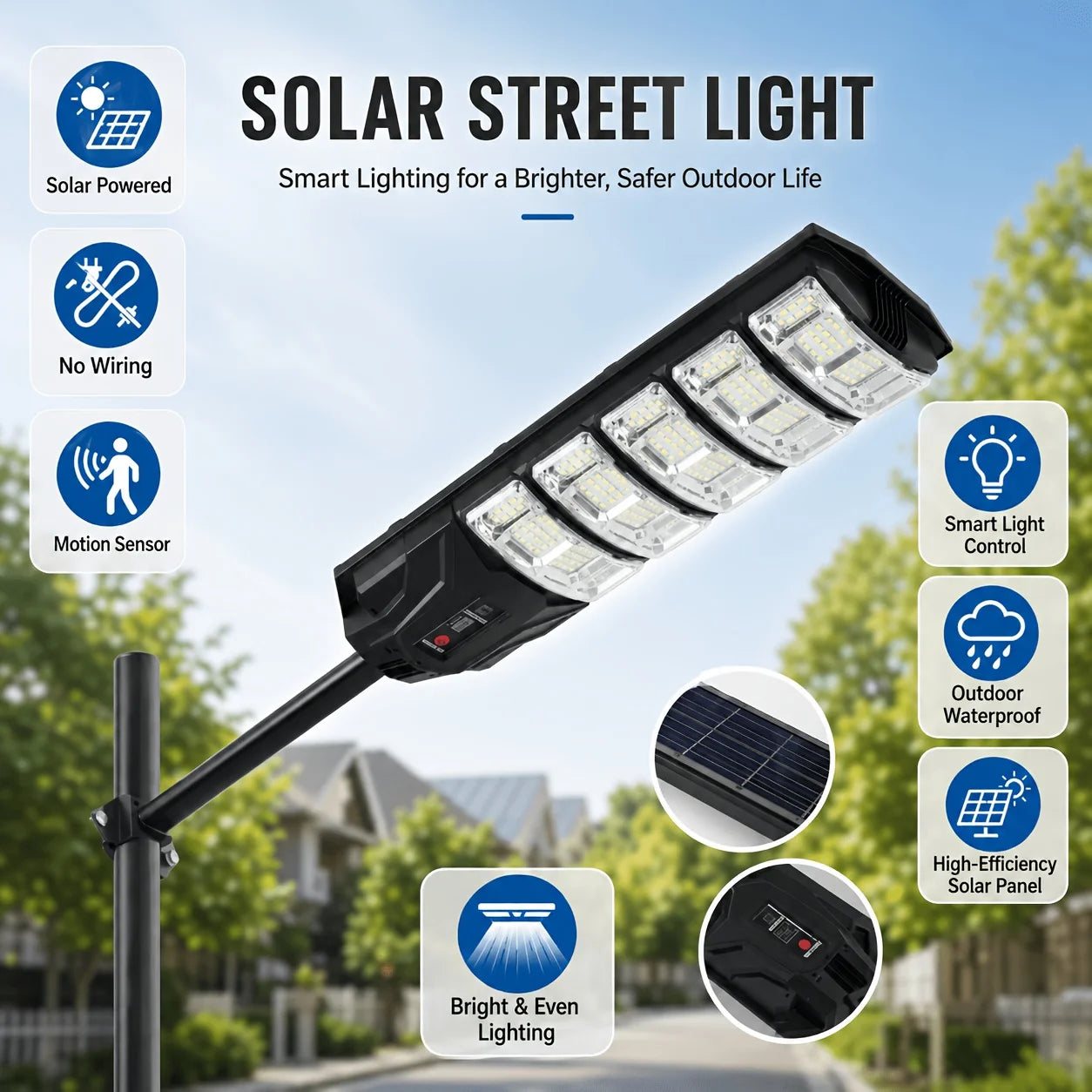 Large Solar Street Light Three-Panel LED with Human Motion Sensor Auto On Off Dusk to Dawn High Efficiency Solar Panel Super Bright Wide Angle Illumination IP65 Waterproof Wireless Security Lamp for Courtyard Driveway Garden