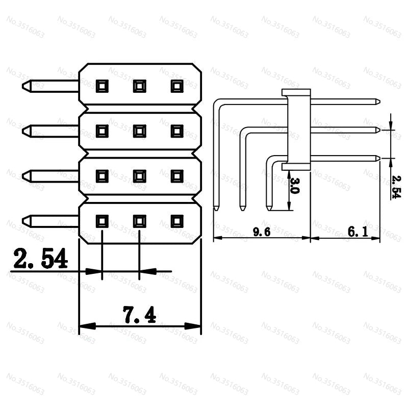 5PCS 90 degree Three Row Male 2.54MM Pitch Right Angle PIN Header Connector 3*2/3/4/5/6/7/8/10/20/40 PIN/P 3x/3/4/5/6/8/10/20/40