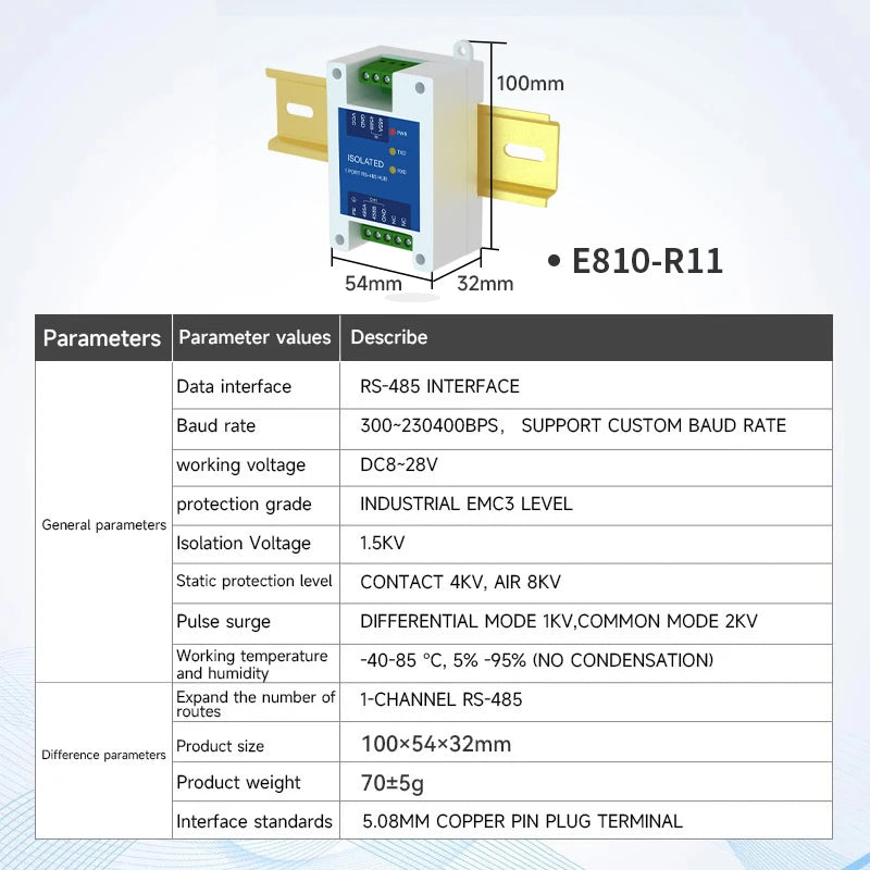 RS485 Hubs Photoelectric Isolation Industrial DC 8-28 V CDEBYTE E810-R Series ESD Protection Power and Signal Isolation