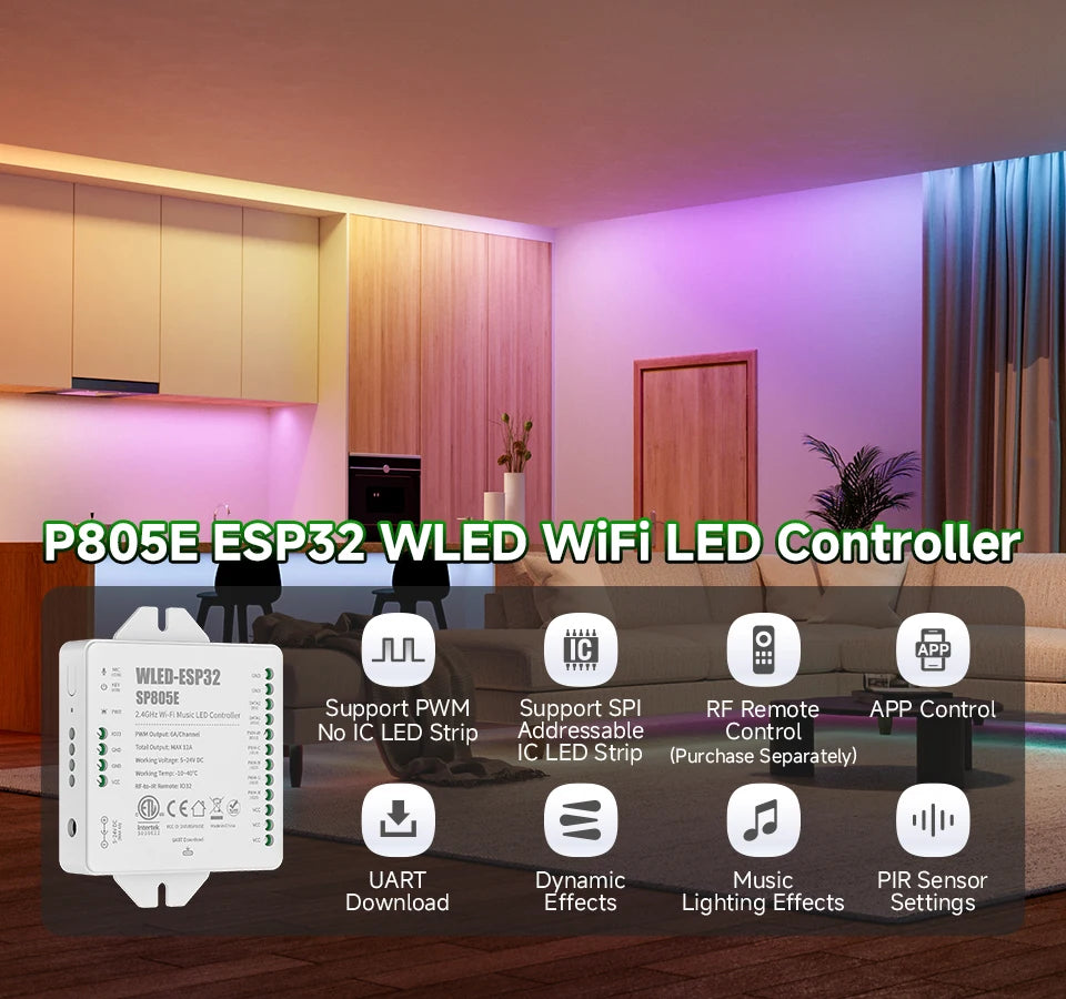SP805E ESP32 WLED Controller WiFi Music LED Controller for Addressable WS2811 WS2812 WS2814 WS2815 SK6812 PWM CCT RGB Cob Strips