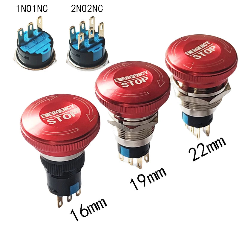 16mm 19mm 22mm Emergency Stop Metal Switch Mushroom Head Push Button Stop Switch 1NO1NC 2NO2NC Latching Switch Retention On Off