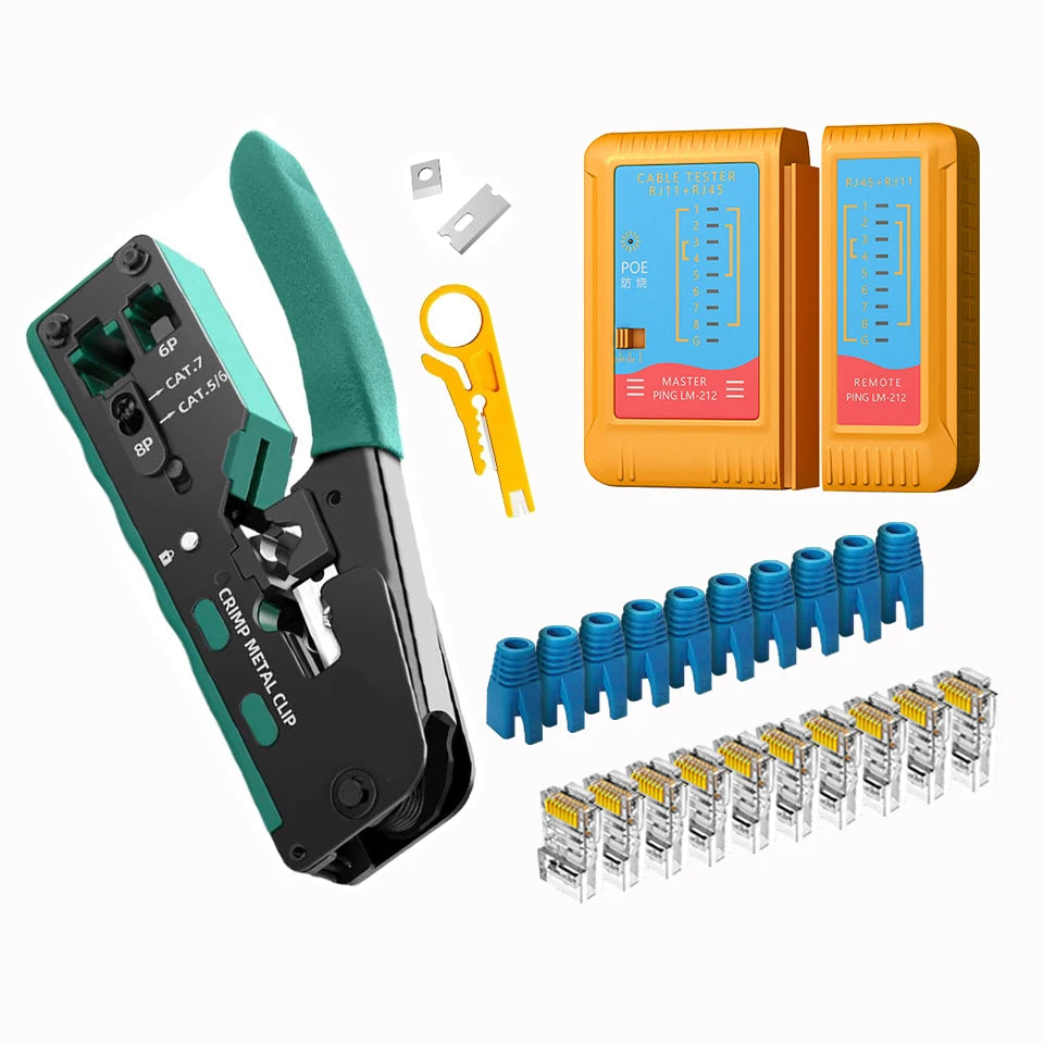 Rj45 Rj12 Rj11 Pass Through Crimp Plier Cat7 Cat6 Cat6A Cat5 Cat5e Stripping Crimping Tool with 8P/6P Ethernet Connectors