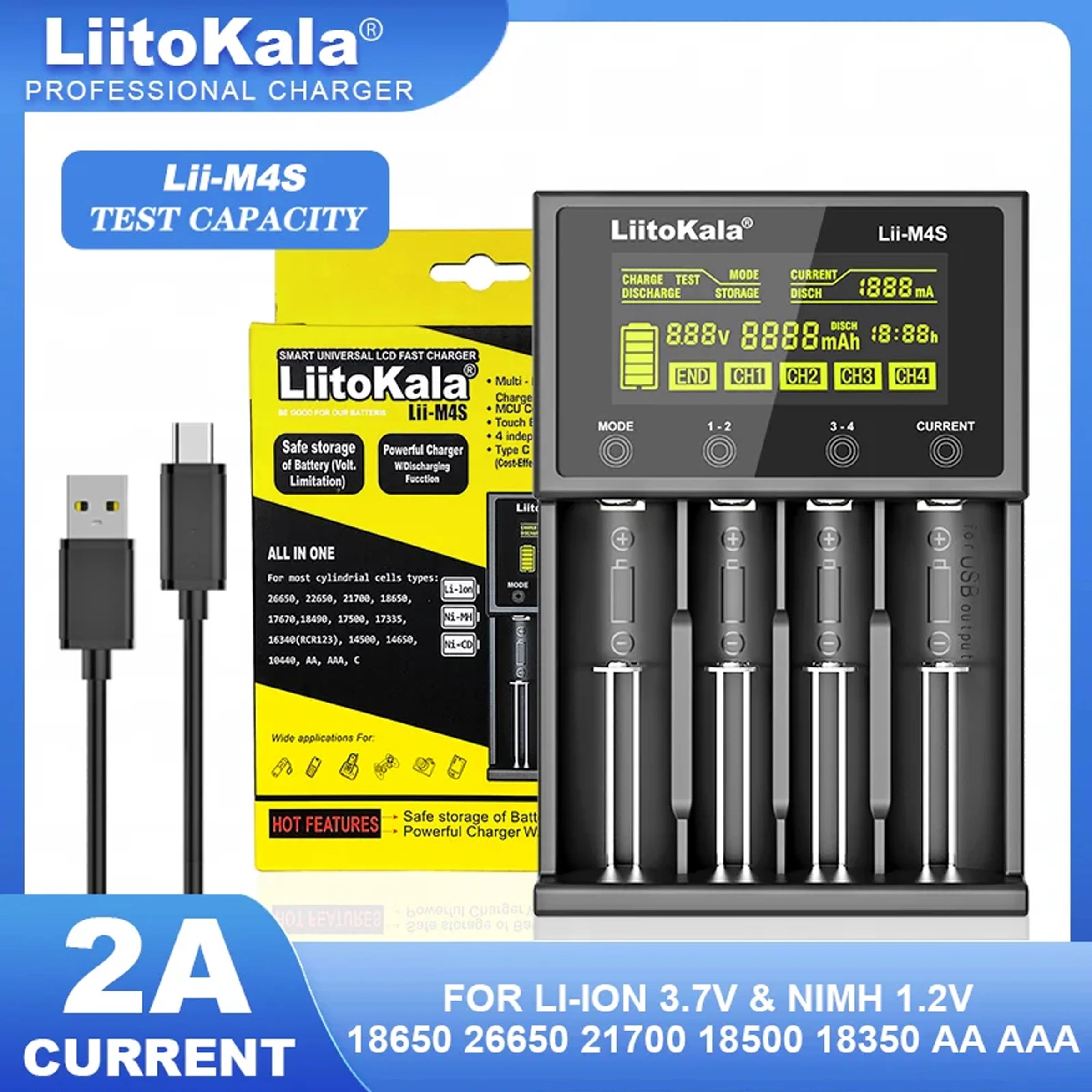 LiitoKala Lii-M4S 5V EU AU UK US Plug Battery Charger For 3.7V 18650 26650 21700 14500 18350 17500 1.2V AA AAA A C