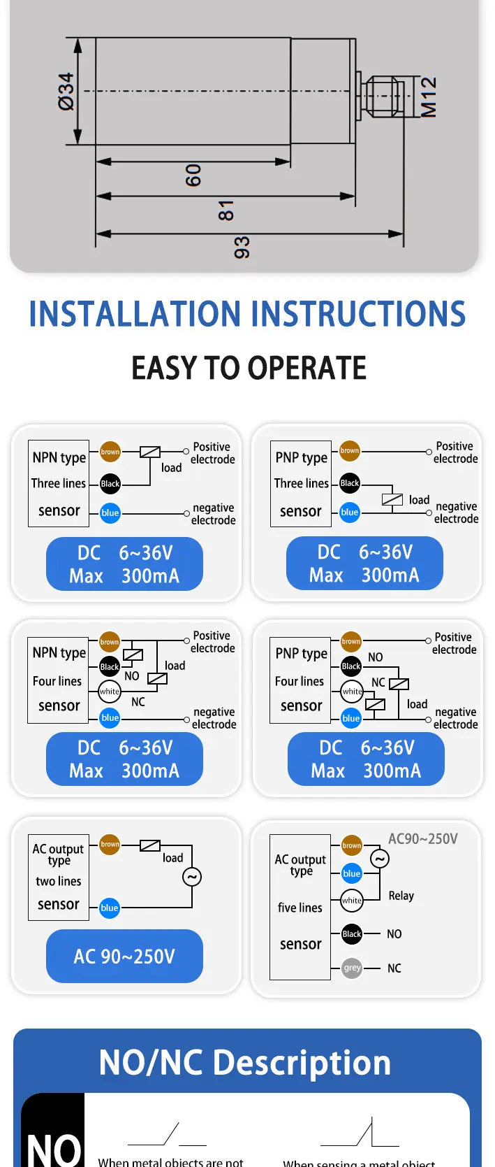 M34 Capacitive Proximity Sensor NPN PNP NO NC 20mm Detection Distance Feed Sensor Without Thread DC10-30V Proximity Switch