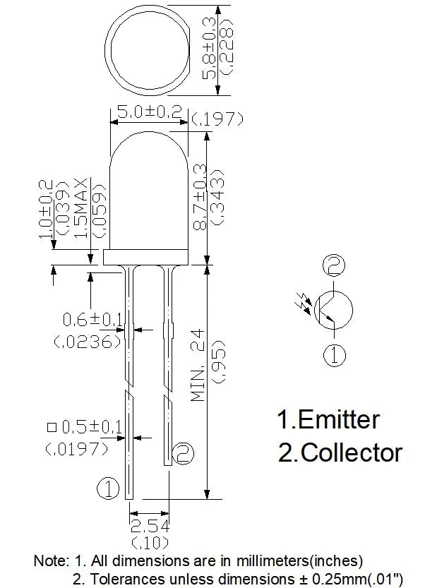 20 PCS, 5mm NPN Phototransistor, SGPT524C, Photosensor, Photosensitive Receiving Transistor