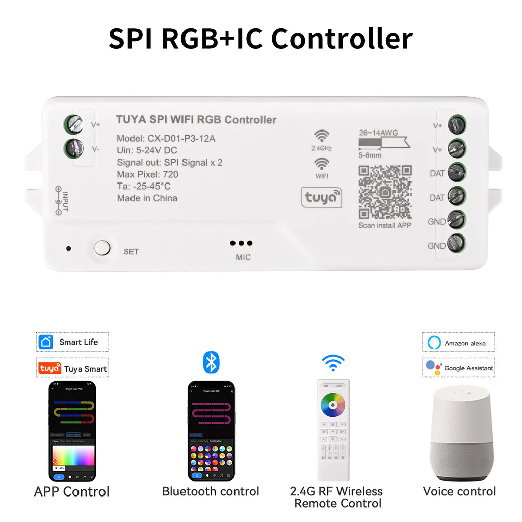 Tuya Wifi LED SPI RGBIC RGBWIC Controller WS2811 WS2812B SK6812 Addressable LED Strip Light Voice Control Alexa Google 5-24V