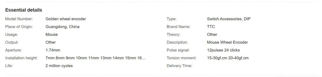 TTC 7/8/9/10/11/12/13/14/15/16mm Rotary Mouse Scroll Gold Wheel Encoder With 1.74mm Hole Mark,20-40g Force For PC Mouse