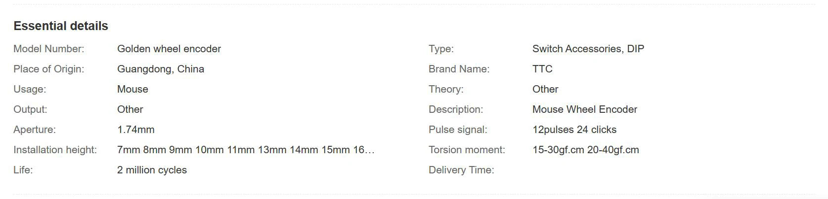 TTC 7/8/9/10/11/12/13/14/15/16mm Rotary Mouse Scroll Gold Wheel Encoder With 1.74mm Hole Mark,20-40g Force For PC Mouse