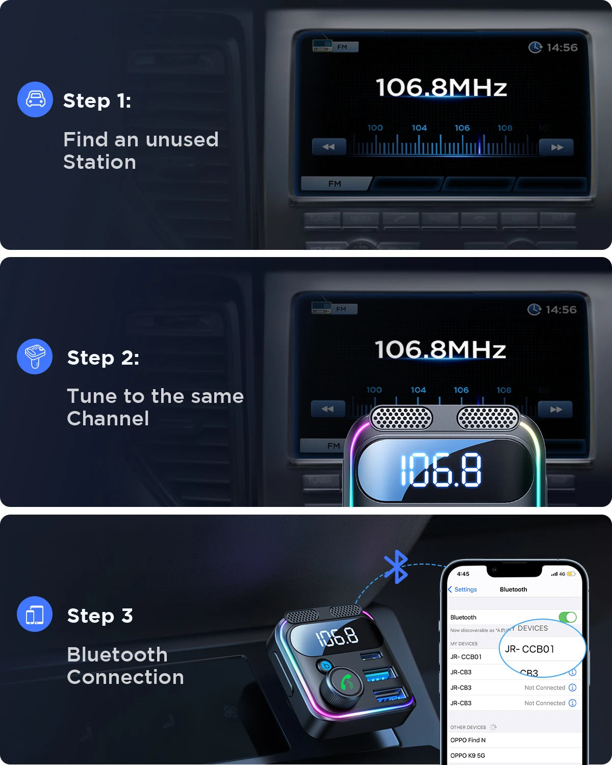 Joyroom Bluetooth 6.0 FM Transmitter with PD 45W&QC3.0 Fast Charger Bluetooth Car Adapter Portable Car AUX Radio Modulator MP3