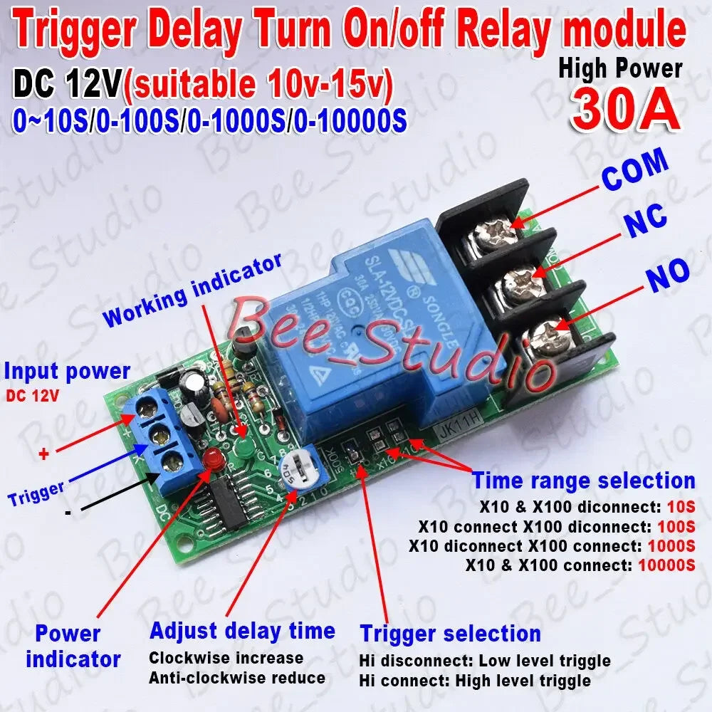 Time Delay Relay Module Circuit  Timer Control Switch DC 12V 24V 30A Adjustable Conduction