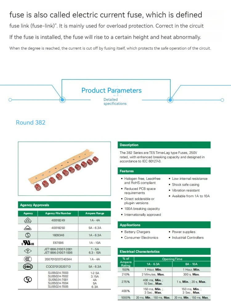 【10PCS】Fuse T2A 1A 3.15A 4A 5A 6.3A 250V 392 square 382 round fuse LCD TV power board commonly used fuse slow blowing fuse 500mA