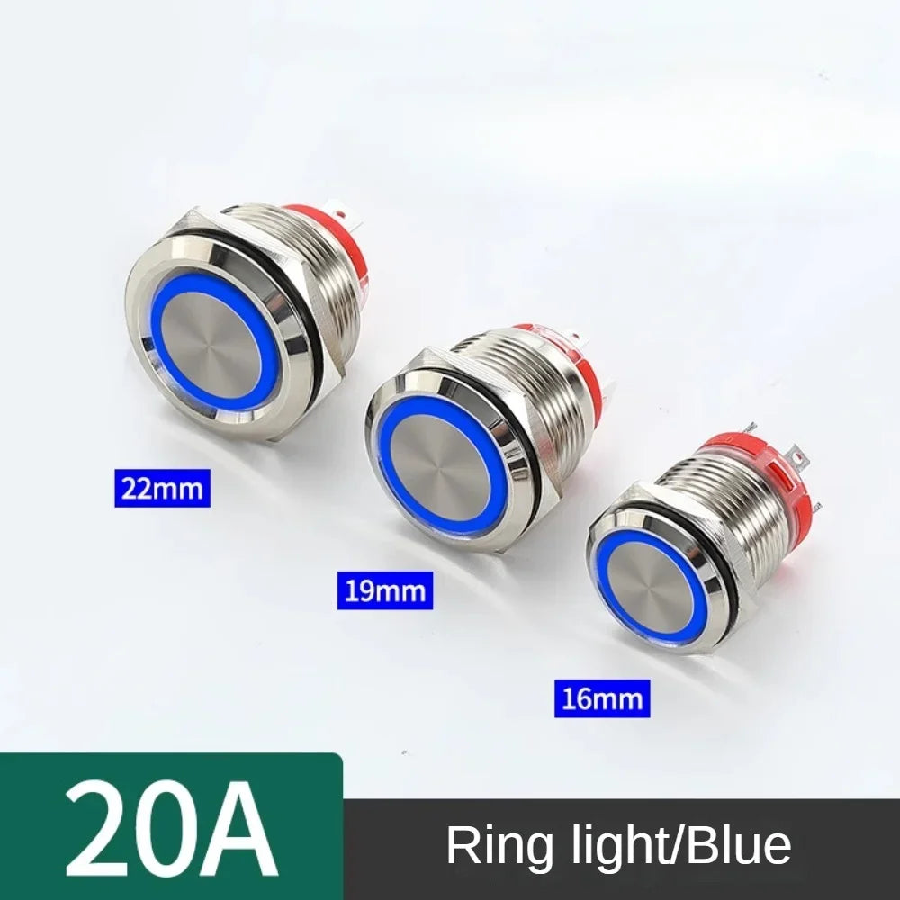 16/19/22mm 20A High Current Metal Push Button Switch IP67 Waterproof LED Light Momentary Latching Car Engine Power Switch Red