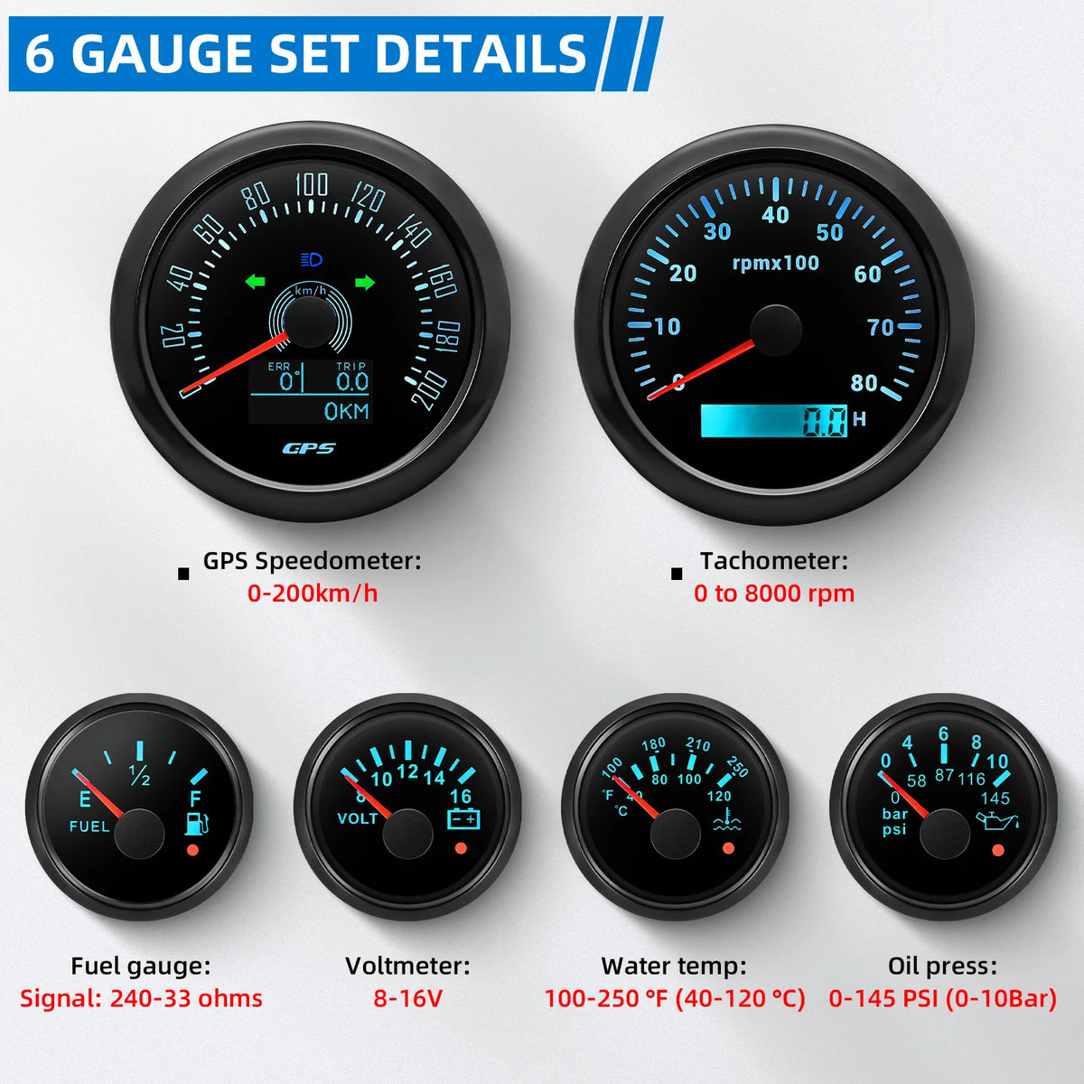 6 Gauge Set 85mm GPS Speedometer Tachometer 52mm Water Temp Fuel Voltmeter Oil Pressure Meter With 1/8 NPT Sensor For Boat Car