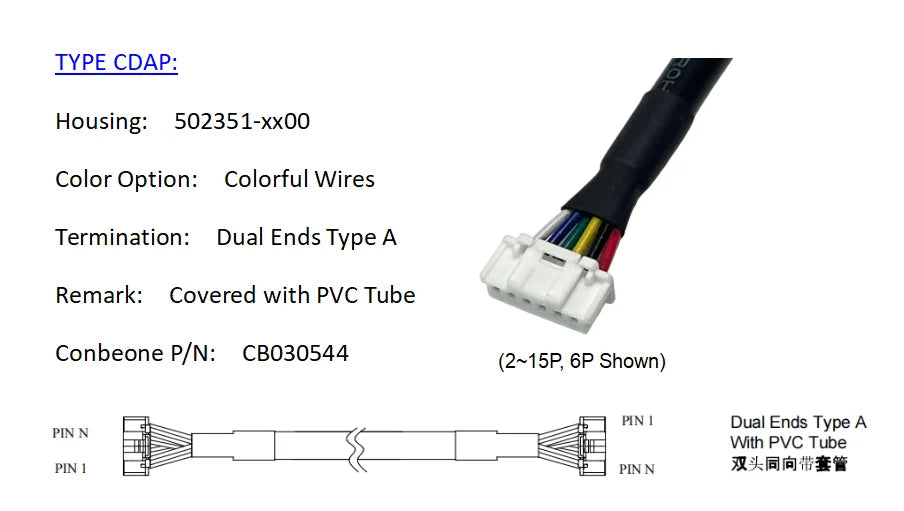5023510200 Wire harness, MOLEX Duraclick Standard 2.00mm Pitch OTS Cable,502351-0200, 2P, Off The Shelf, 10Pieces Per Bag
