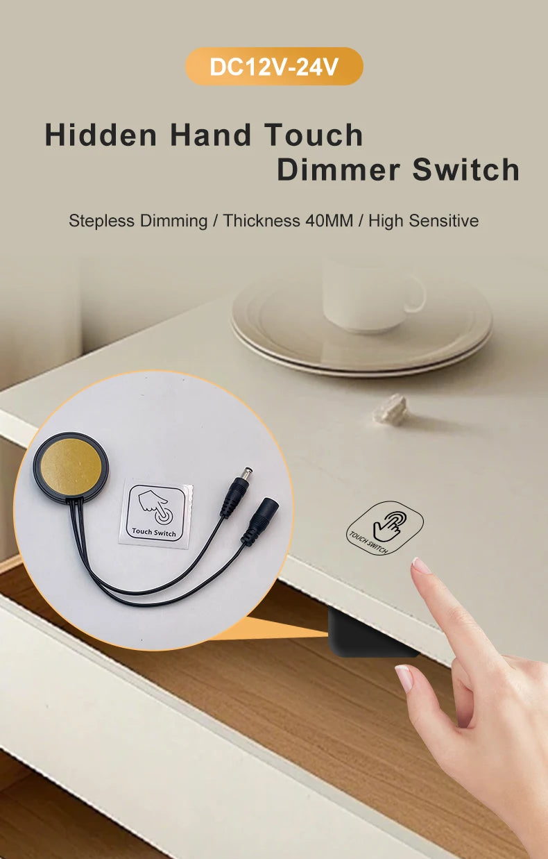 12V/24V 60W Touch Switch, Suitable for Concealed Installation in Furniture with a Thickness of 0-40mm, LED Touch Dimming Sensor.