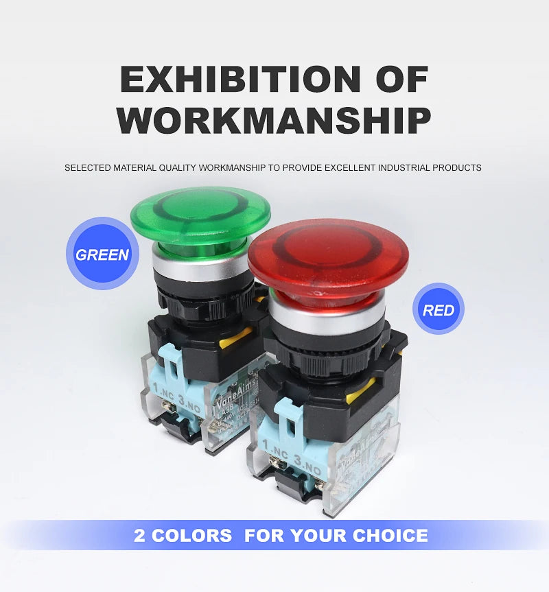 Big Red Green Mushroom Push Button Switch Vaneaims 22MM FXB38 10A 1NO1NC Latching Momentary Starter Stop Enter Buttons Switches