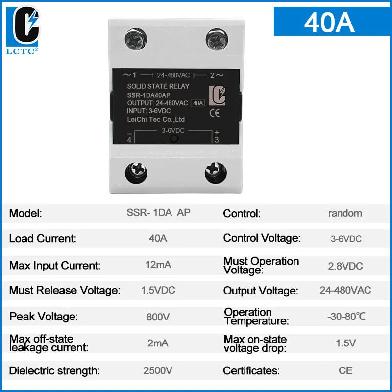 LCTC SSR Random Solid State Relay 10A 25A 40A 60A 80A 100A 120A DC Control AC Single Phase Control 3-6VDC 24-480VAC