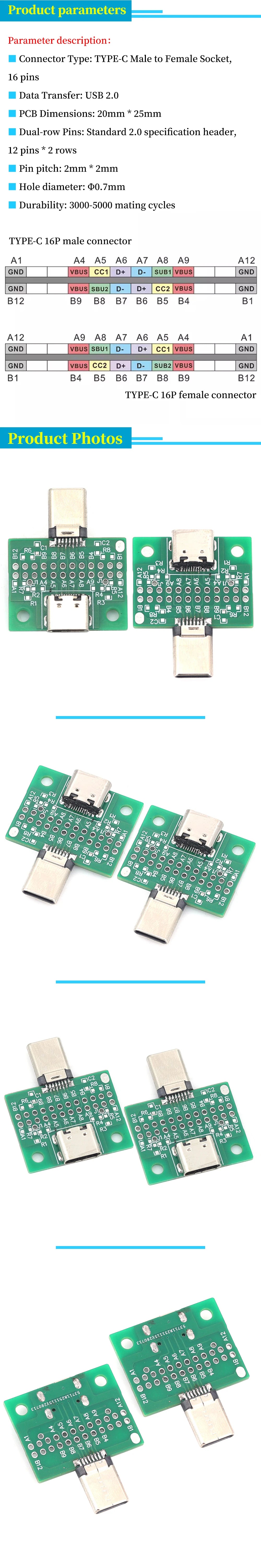 TYPE-C Rotating Mother Test Board USB2.0 Data Male Female Adapter Board 16P Earphone Cable Extension with Solder Pad