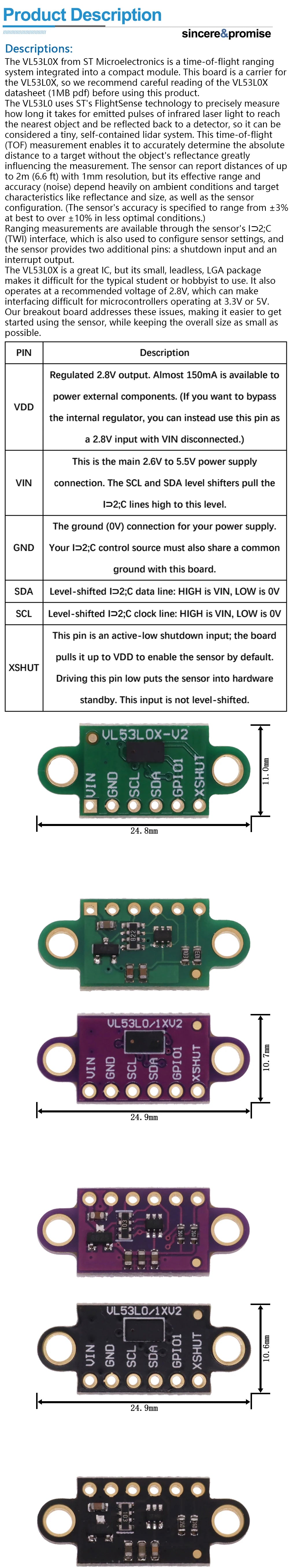 GY-530 VL53L0X Time-of-Flight (ToF) Laser Ranging Sensor Breakout 940nm GVL53L0X-V2 Distance Module I2C IIC