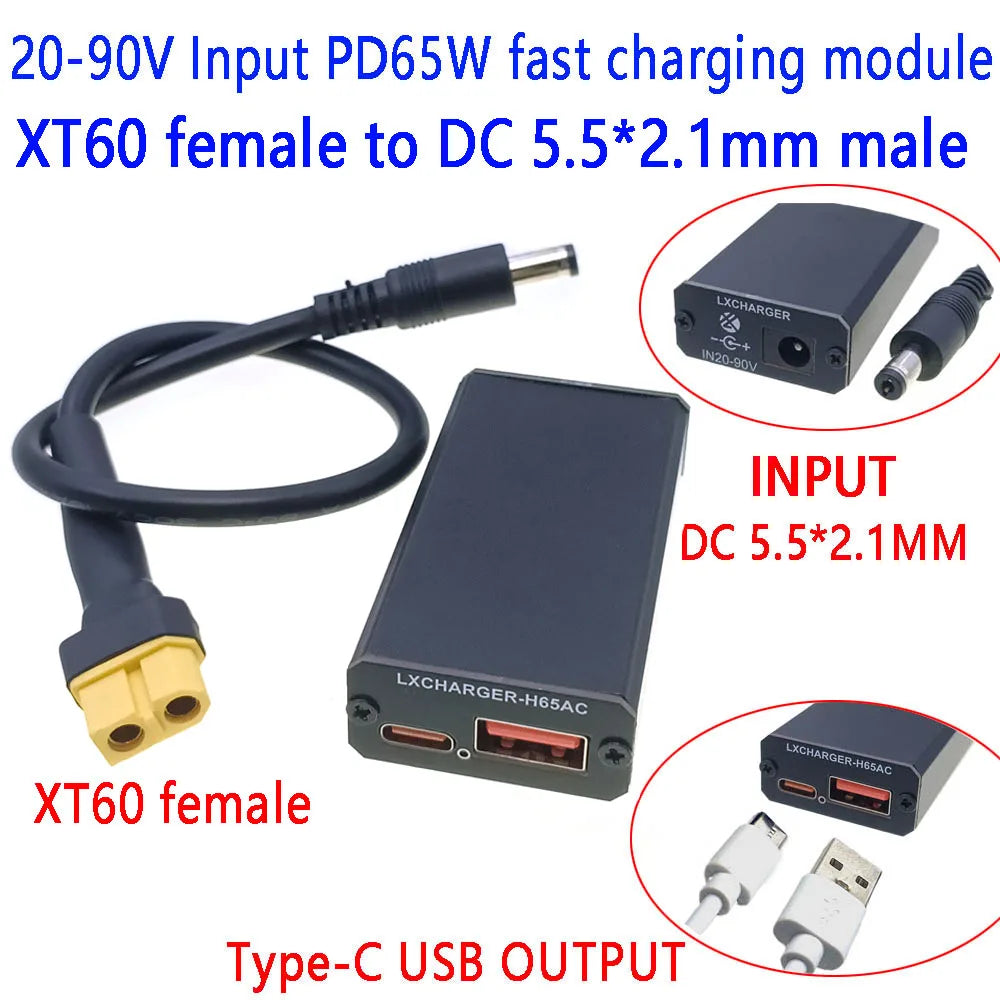 XT60 XT90 EC5 To 5V Connector DC20-90V Step Down Module PD65W PD/QC3.0 QC2.0 Double USB Type-C Mobile Phone Quick Charge Adapter