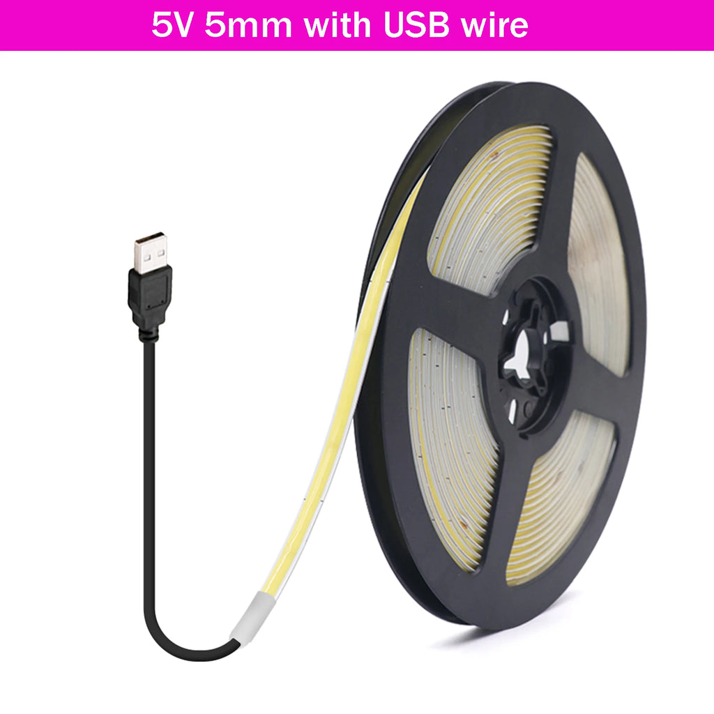 5V USB COB LED Strip 12V 3mm 5mm 8mm Width Flexible LED Tape 320LEDs COB Light with Adhesive High Density Linear Lighting