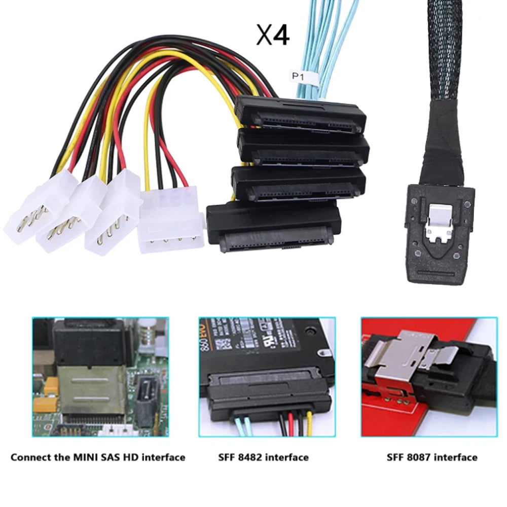 Mini SAS SFF-8087 to SFF-8482 Data Cable with 4X Molex Power Connectors - Compatible with Raid Controller & Hard Drive