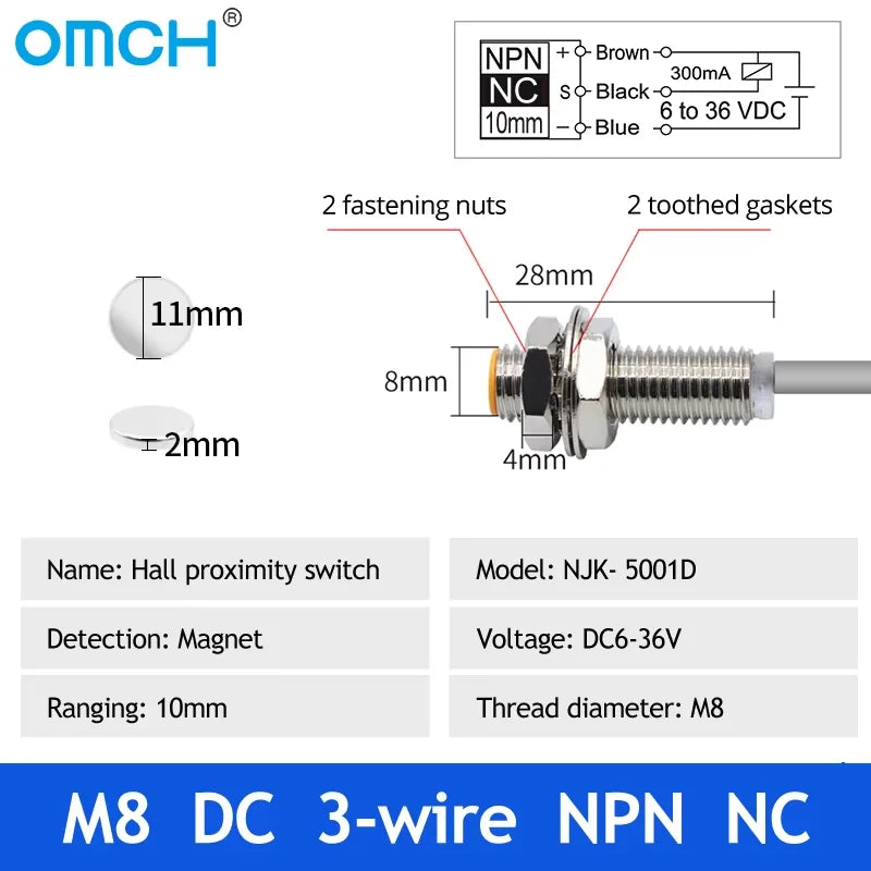 OMCH Hall Switch NJK-5002 Proximity Inductive Magnetic Pole Sensor M8/M12 Normally Open/Closed 24V Hall Effect Proximity Sensor