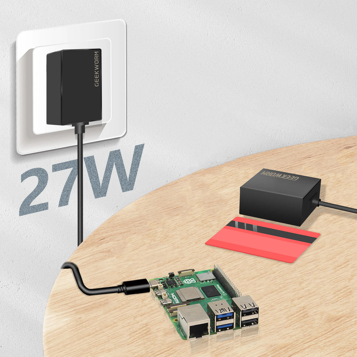 Geekworm GaN PD 27W USB-C Power Supply,Type C Power Adapter for Raspberry Pi 5