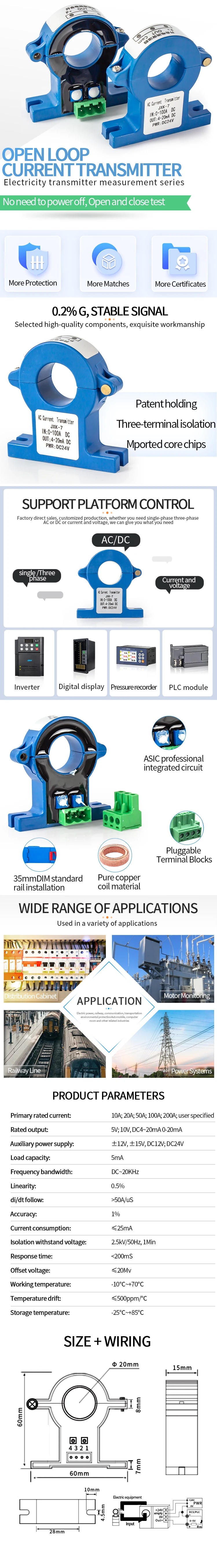 DC 0-100A 500A 100A Current Sensor 50mm 80mm Hole Size Split Hall Effect Current Transmitter Current Transducer DC24V