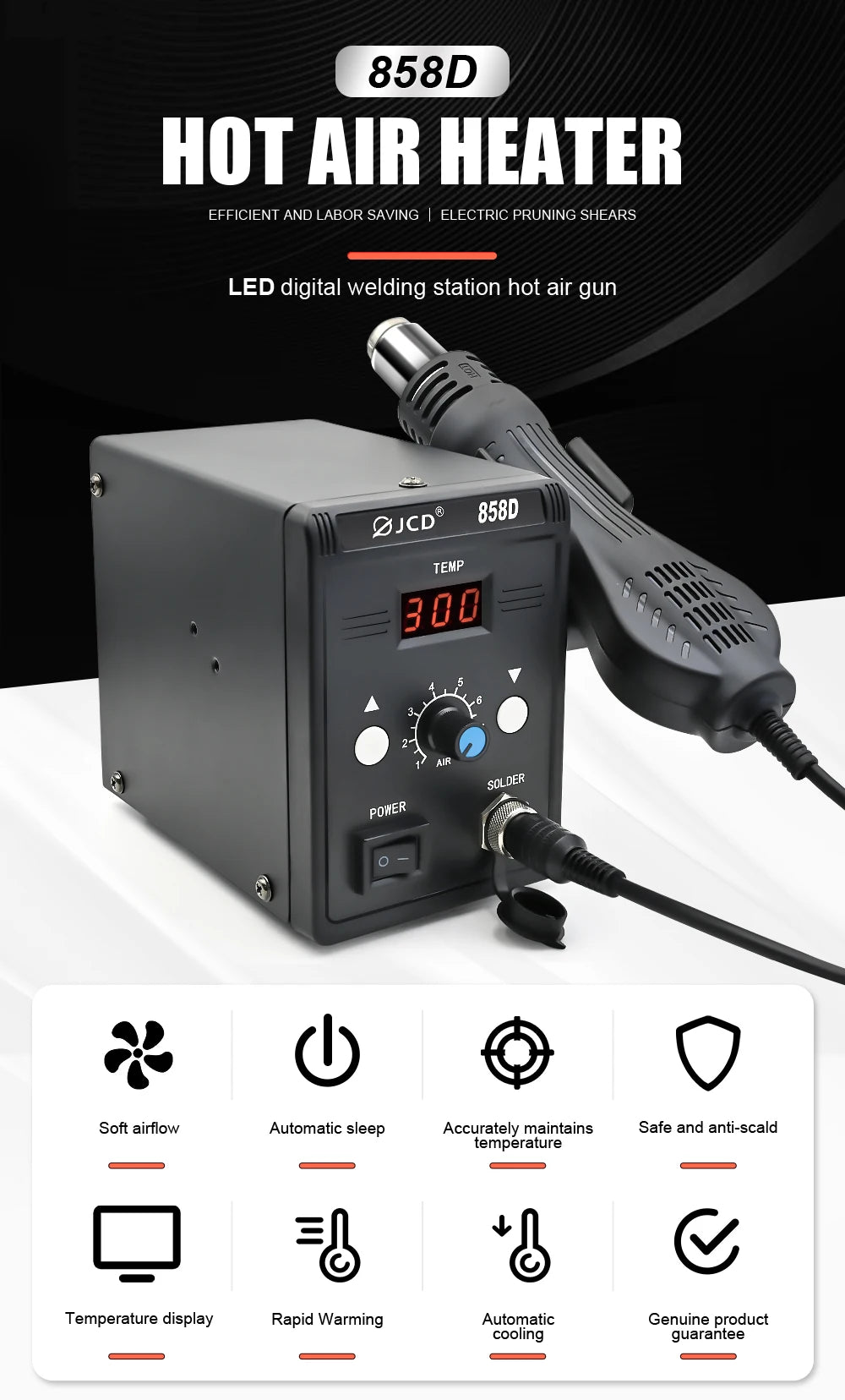 858D-B JCD Hot Air Gun BGA Rework Soldering Station, 220V SMD SMT Welding Repair Heat Gun