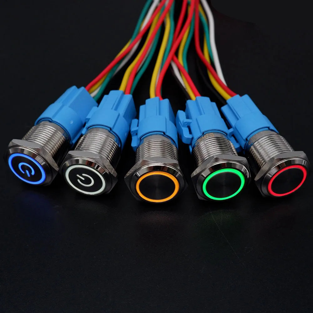 40pcs 16mm 19mm Metal Button Switch PC Power LED Light Waterproof Car Start On Off Momentary Latching 3V 5V 6V 12V 24V 220V Red