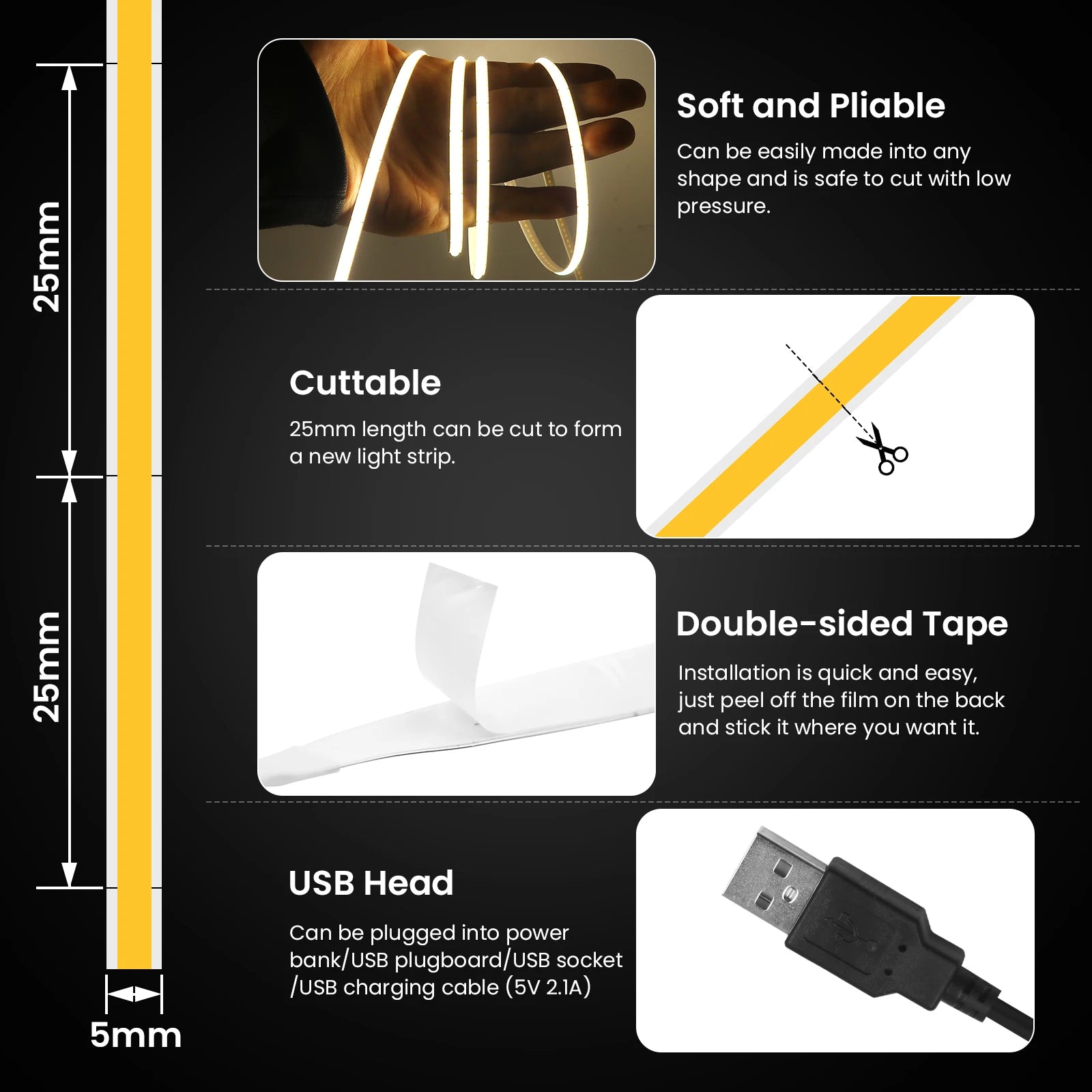 DC 5V USB COB Strip 3MM 5MM 8MM White/Pink/Red/White/Yellow/Ice Blue/Green Flexible Ribbon Rope Home Decor TV Backlight