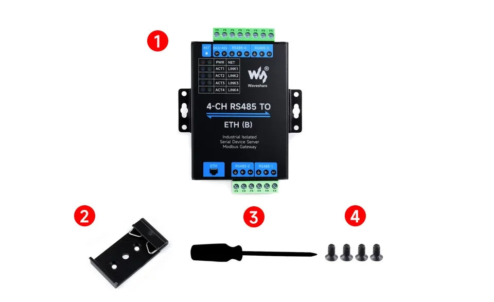 Waveshare 4 Channels RS485 Independent Operation, 4-Ch RS485 To RJ45 Ethernet Serial Server Optional PoE Function
