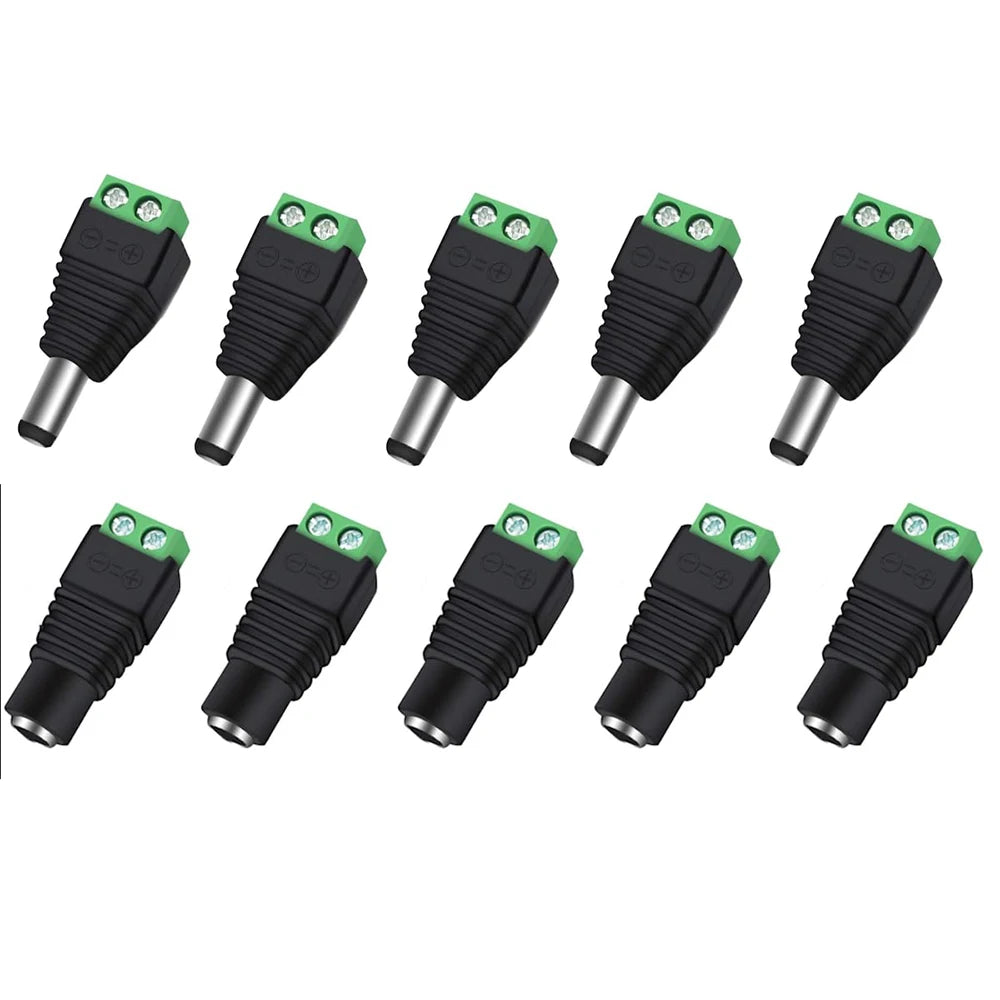 12V Male and Female Barrel Connectors 10 Pairs DC Power Jack Plug Adapter 2.1 X 5.5mm Male Female Wire Power Connectors