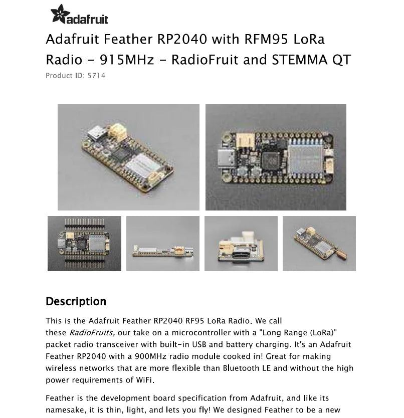 5714 Feather RP2040 with RFM95 LoRa Radio - 915MHz - RadioFruit and STEMMA QT Development Boards