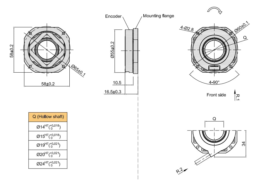 Hengxiang 14/15/19/20/24mm Hollow Shaft Absolute Rotary Encoder Single Turn 17-24 Bit IP50 Protection 6000min-1 Response