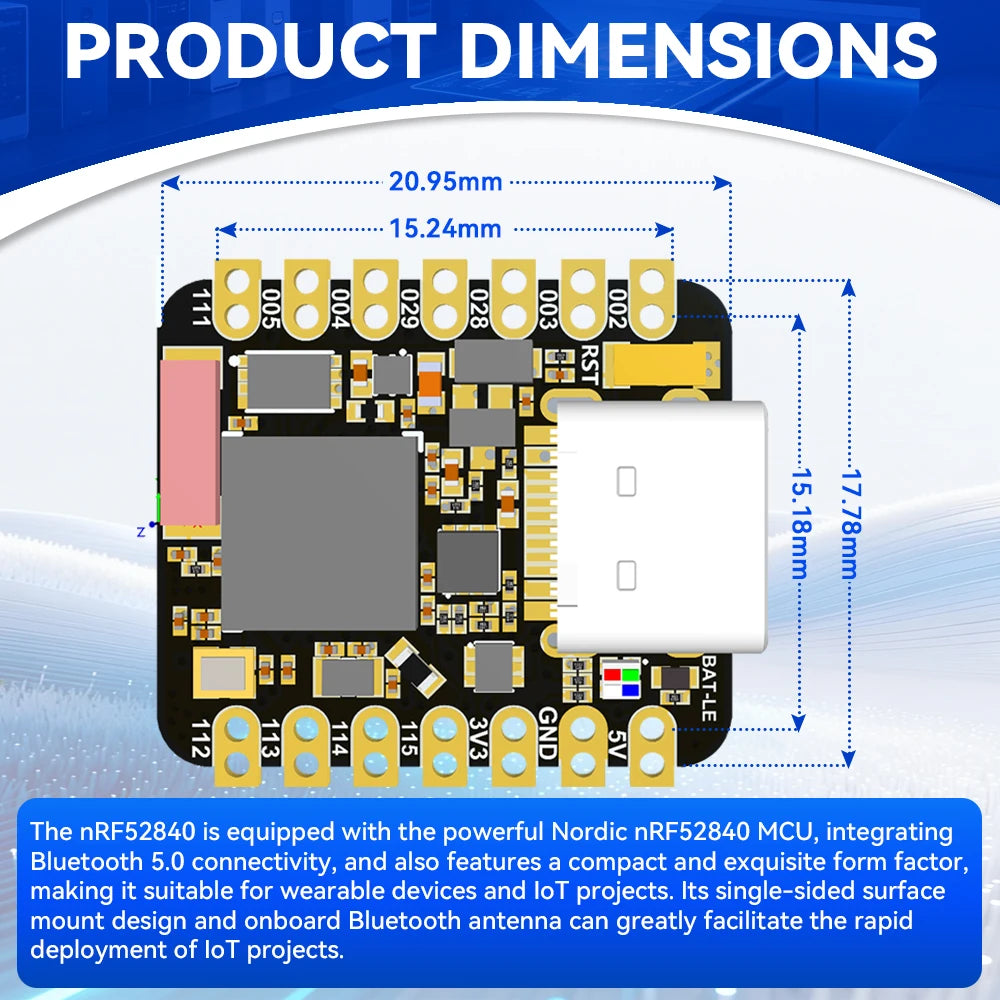 MINI NRF52840 Development Board BT5.0 Bluetooth Module MCU Main Control Board 18*21MM QSPIFlash TYPE-C