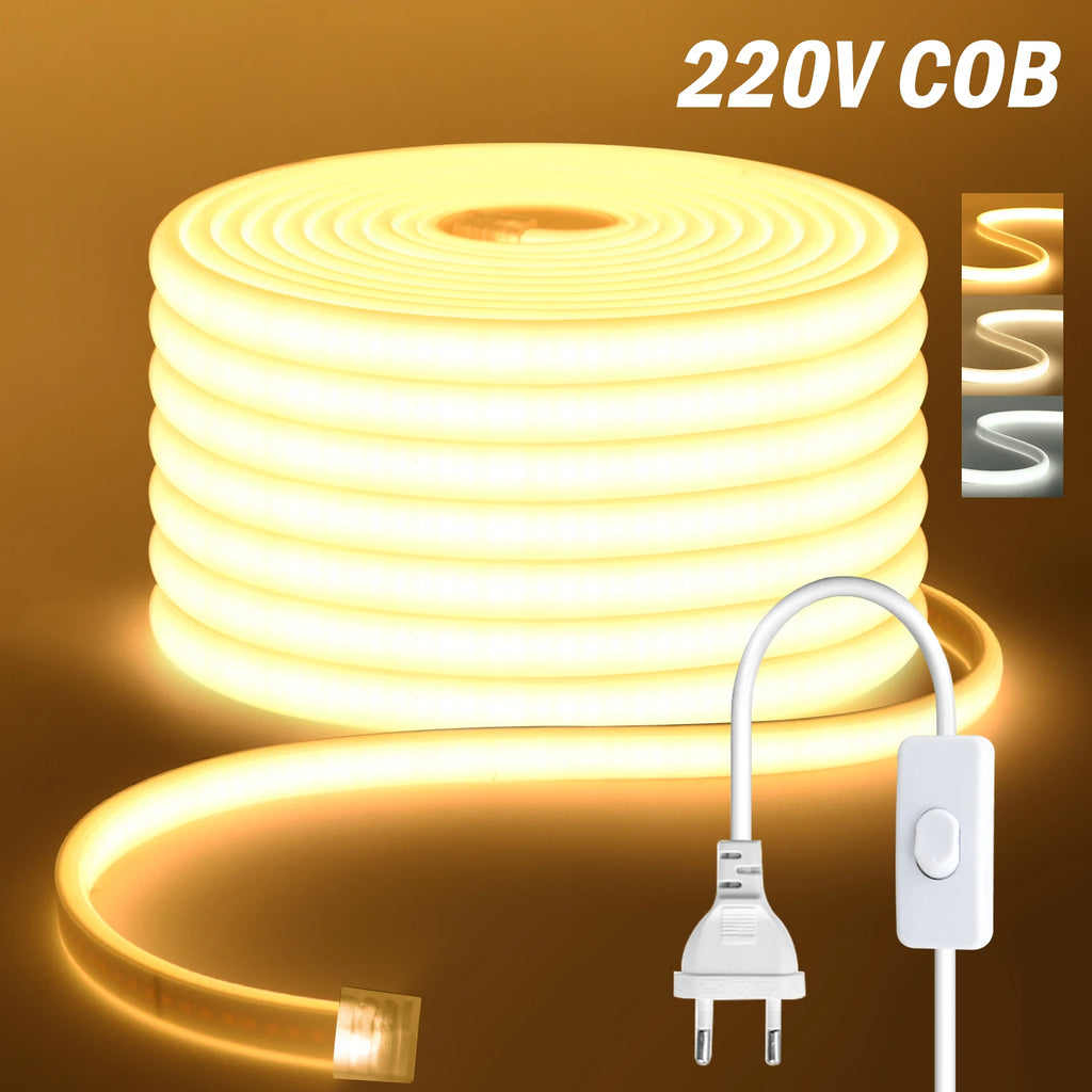 220V COB LED Strip Light With Switch/Dimmer Plug Super Bright 288LEDs/M IP65 3000K 4000K 6000K High Quality Indoor Outdoor Decor