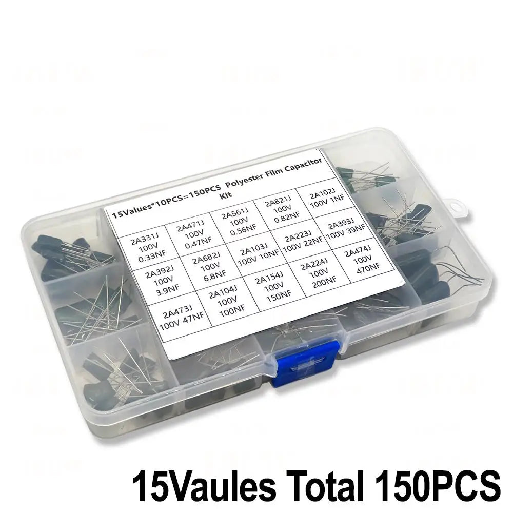 150/180/660PCS Polyester Film Capacitor Kit 100V 1nF 1.5nF 2.2nF 100nF 2A102J 2A471J 2A222J 2A392J 2A332J 2A472J 2A103J 2A473J
