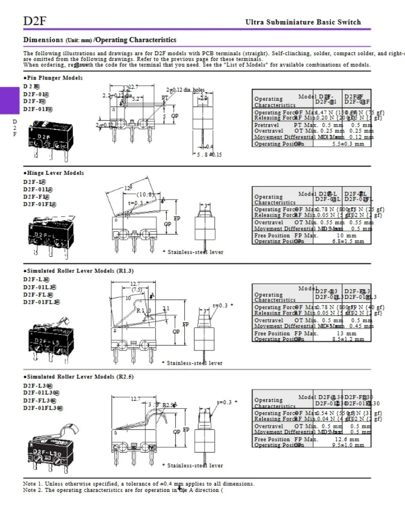 5-100PCS D2F - L L2 L3 01L L-D3 01FL-T D D2F-F-3-7 A1 Snap Action Switch N.O./N.C. 3A 125VAC 30VDC Micro Switch for Omron mouse