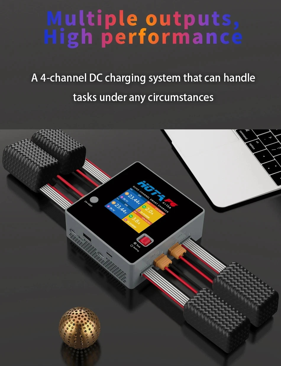 HOTA F6 QUAD-CHANNEL SMART Charger DC1000W 4*15A for Lipo LiIon NiMH Lipo Battery Balance Charger Discharger with USB 45W Type-C