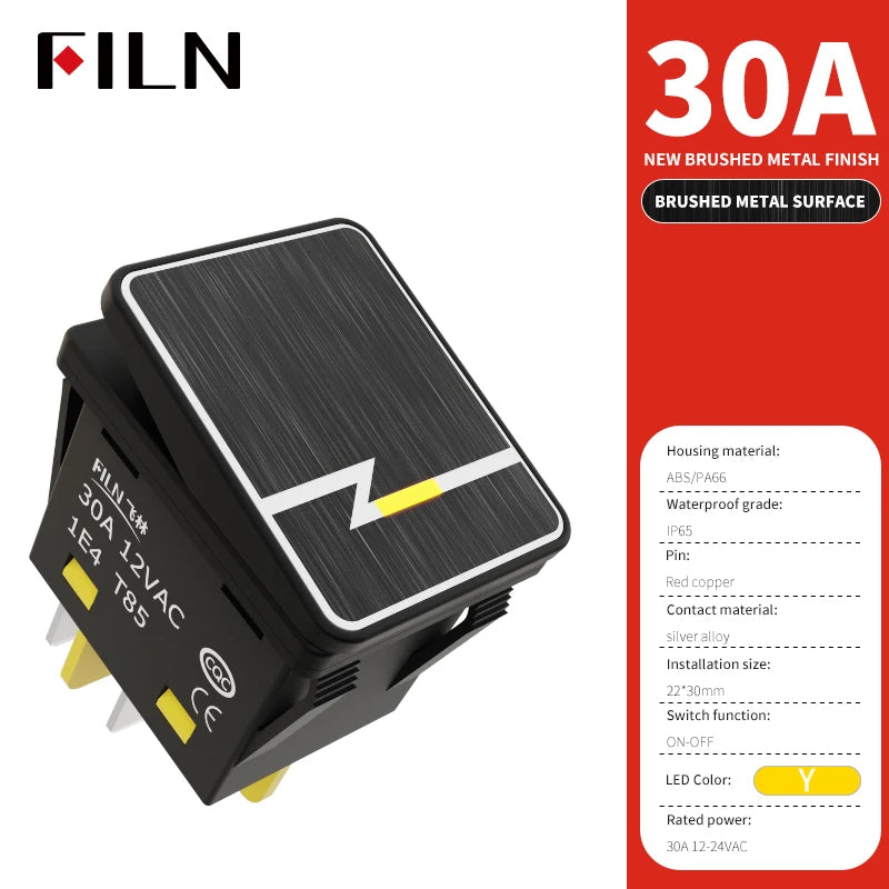 FILN 30A/220V Heavy Duty 4 Pin DPST IP67 Sealed Waterproof T85 Auto Boat Marine Toggle Rocker Switch with LED 12V 220V 30x22