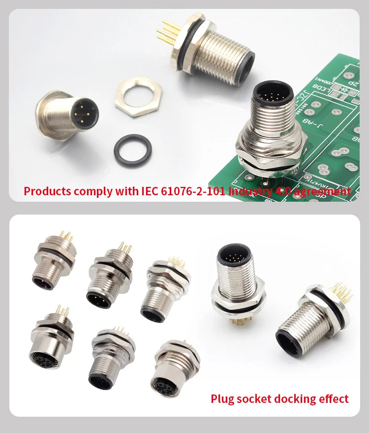 M12 Sensor Waterproof Circular Connector Panel Mount Bulkhead Installation Metal Male Female PCB Socket 2 3 4 5 6 8 12 17pin