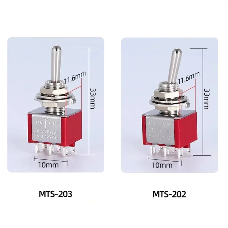 10Pcs MTS102 MTS203 Micro Switch 6mm Miniature Switch ON-OFF-ON Toggle Switch Single Pole 3Pin 6Pin ON/OFF Power Button Switch